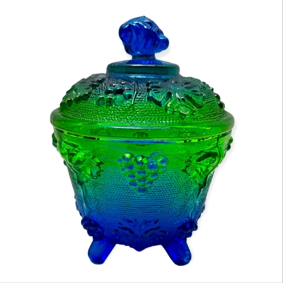 Jeanette Other - Vintage Jeanette blue/green footed grape leaf glass candy dish w/ lid Capote